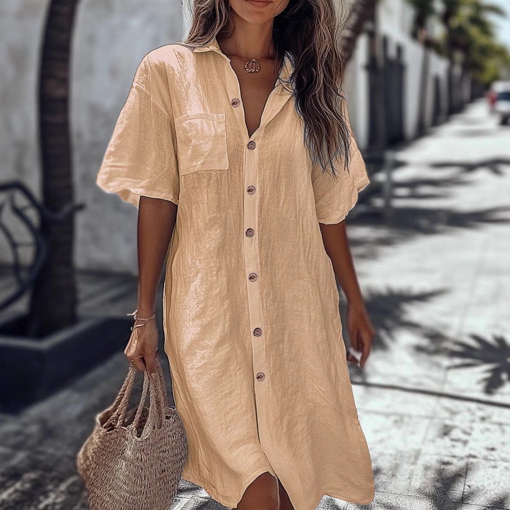 Linen Short Sleeve Maxi Shirt Dress for Women - View 3