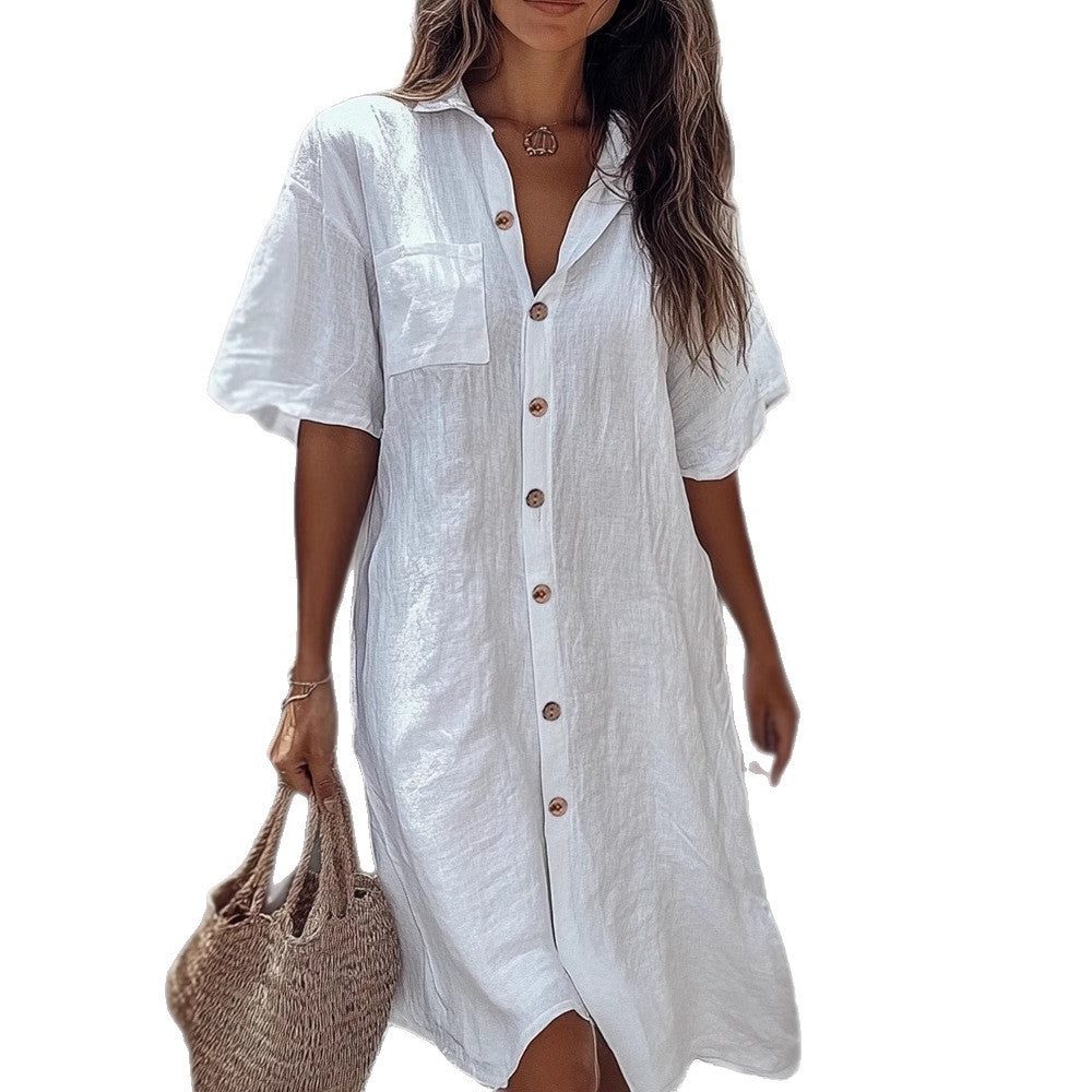 Linen Short Sleeve Maxi Shirt Dress for Women - View 5