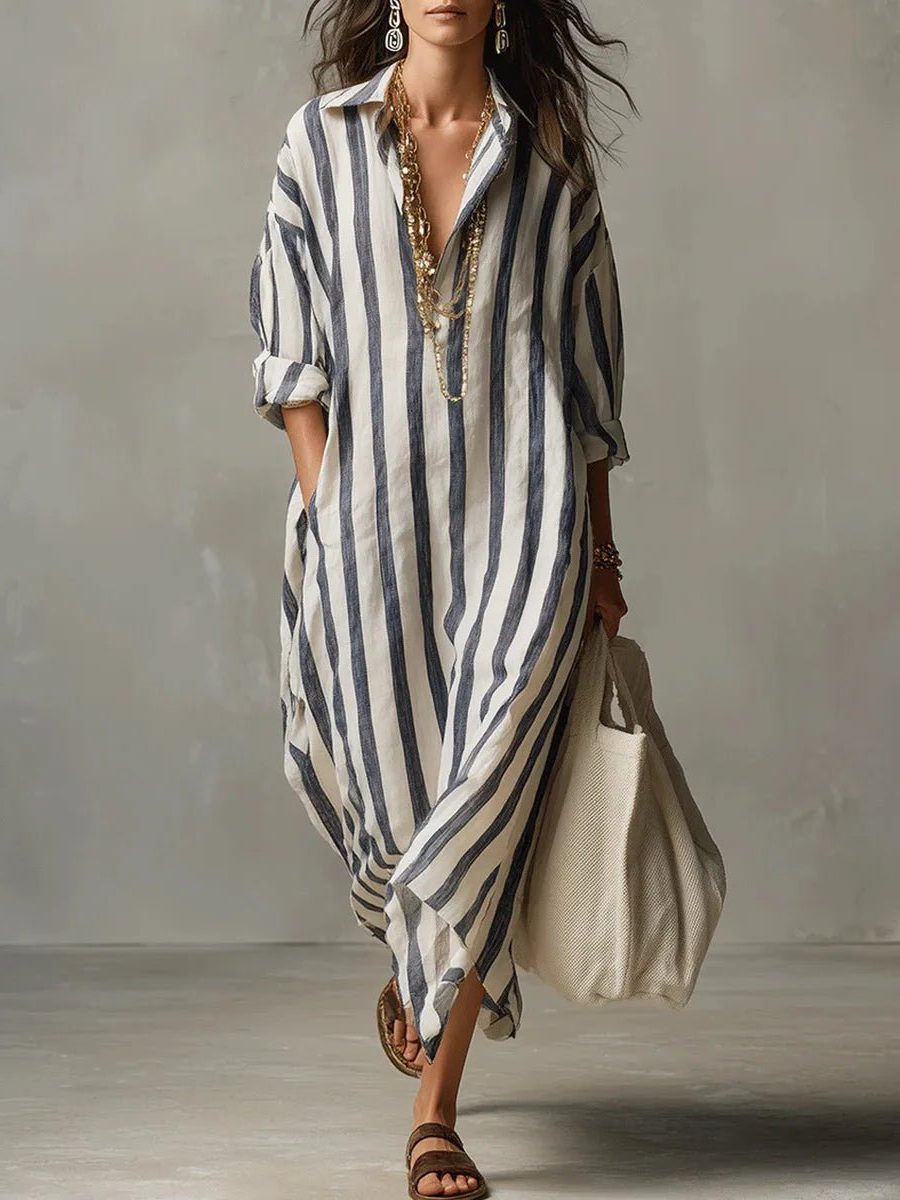 Linen V-Neck Striped Maxi Shirt Dress for Women