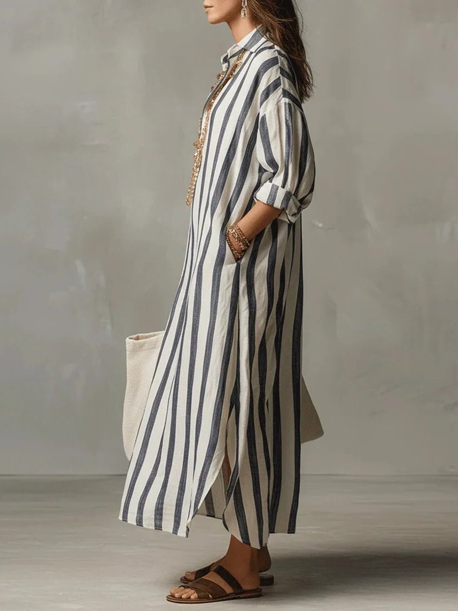 Linen V-Neck Striped Maxi Shirt Dress for Women - View 2
