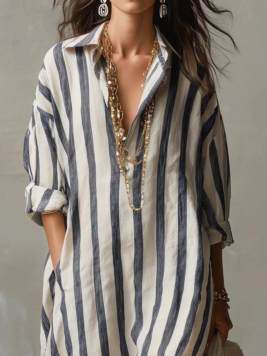 Linen V-Neck Striped Maxi Shirt Dress for Women - View 3