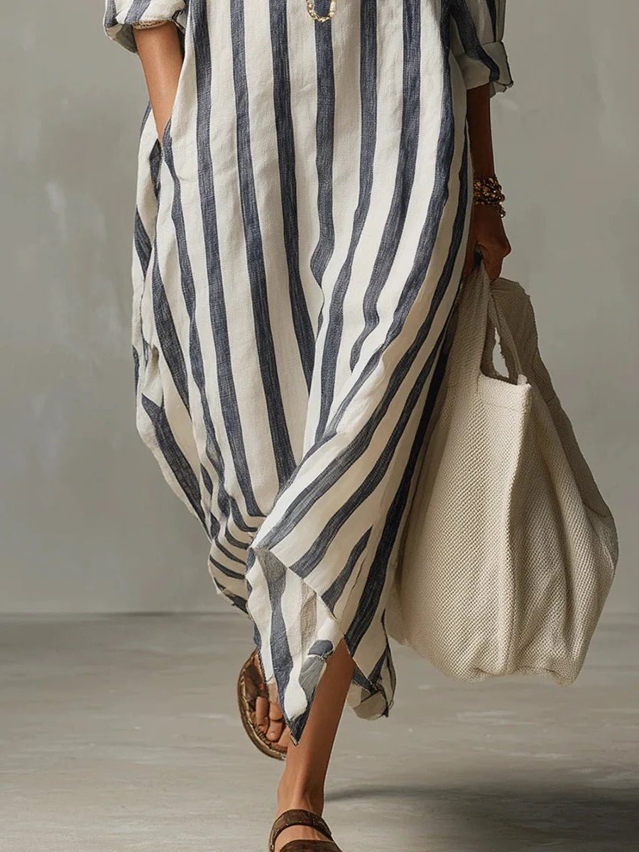 Linen V-Neck Striped Maxi Shirt Dress for Women - View 4