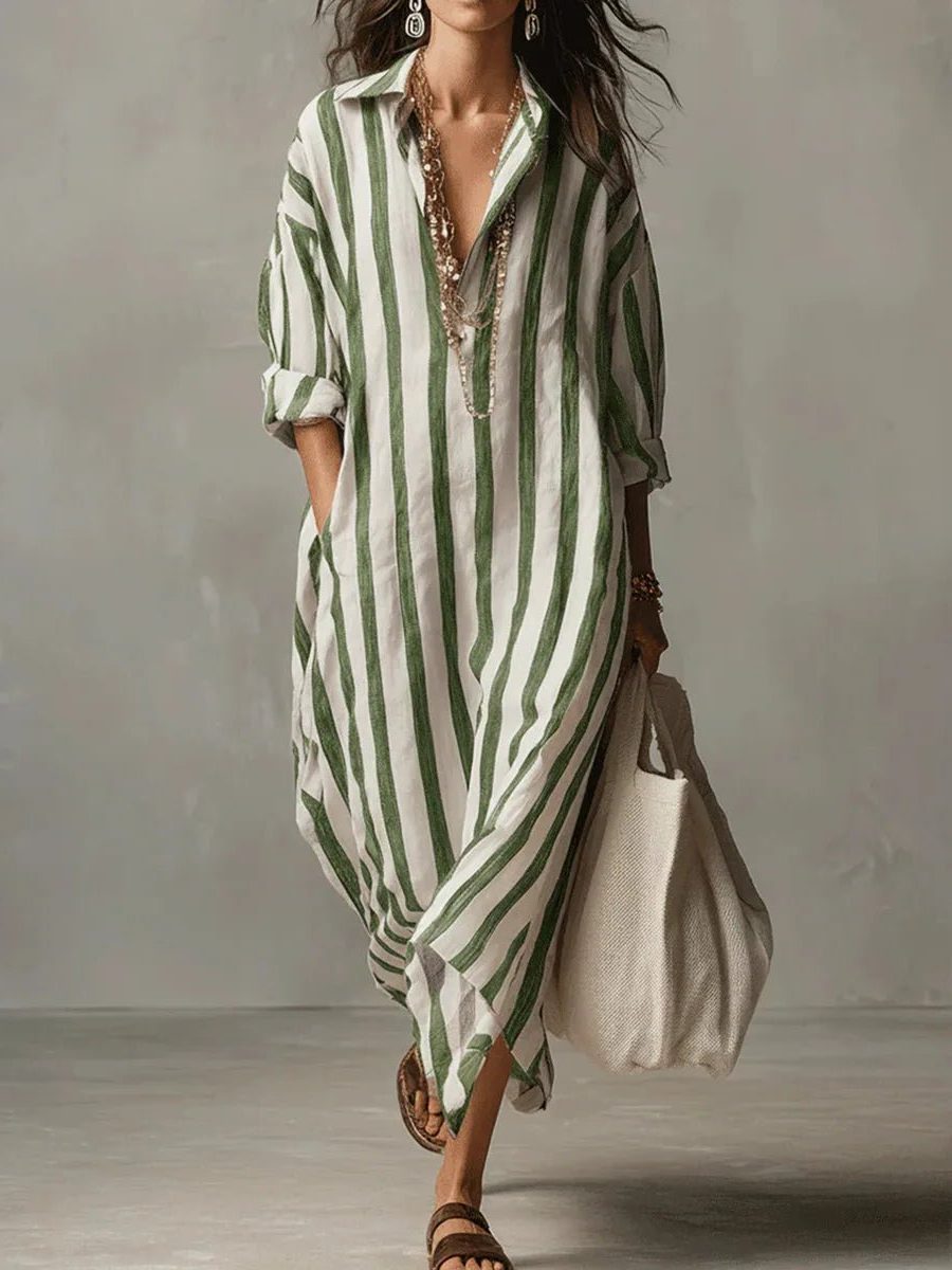 Linen V-Neck Striped Maxi Shirt Dress for Women - Green