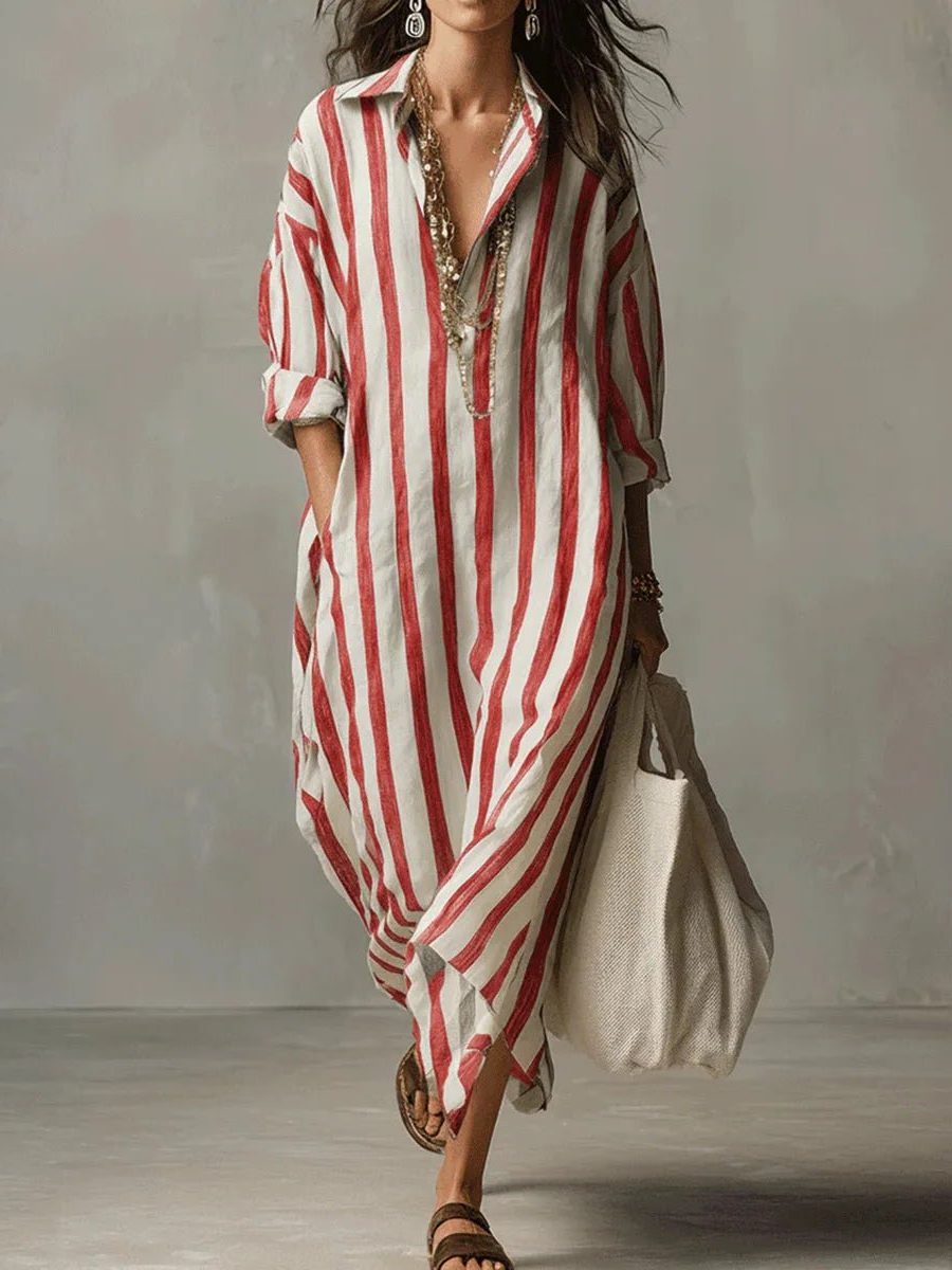 Linen V-Neck Striped Maxi Shirt Dress for Women - Red