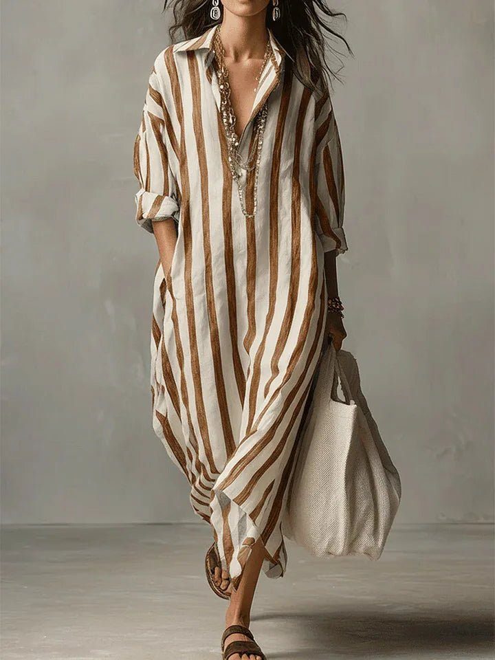 Linen V-Neck Striped Maxi Shirt Dress for Women - Earthy Yellow