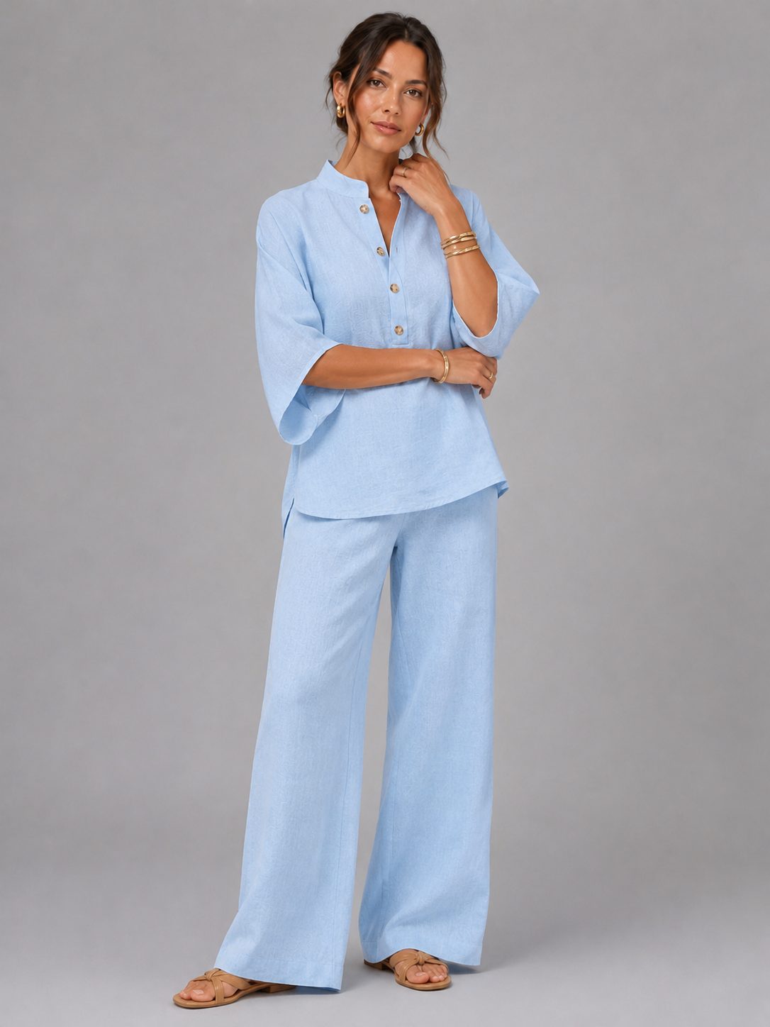 Linen Wide-Leg Two-Piece Set for Women - Light Blue