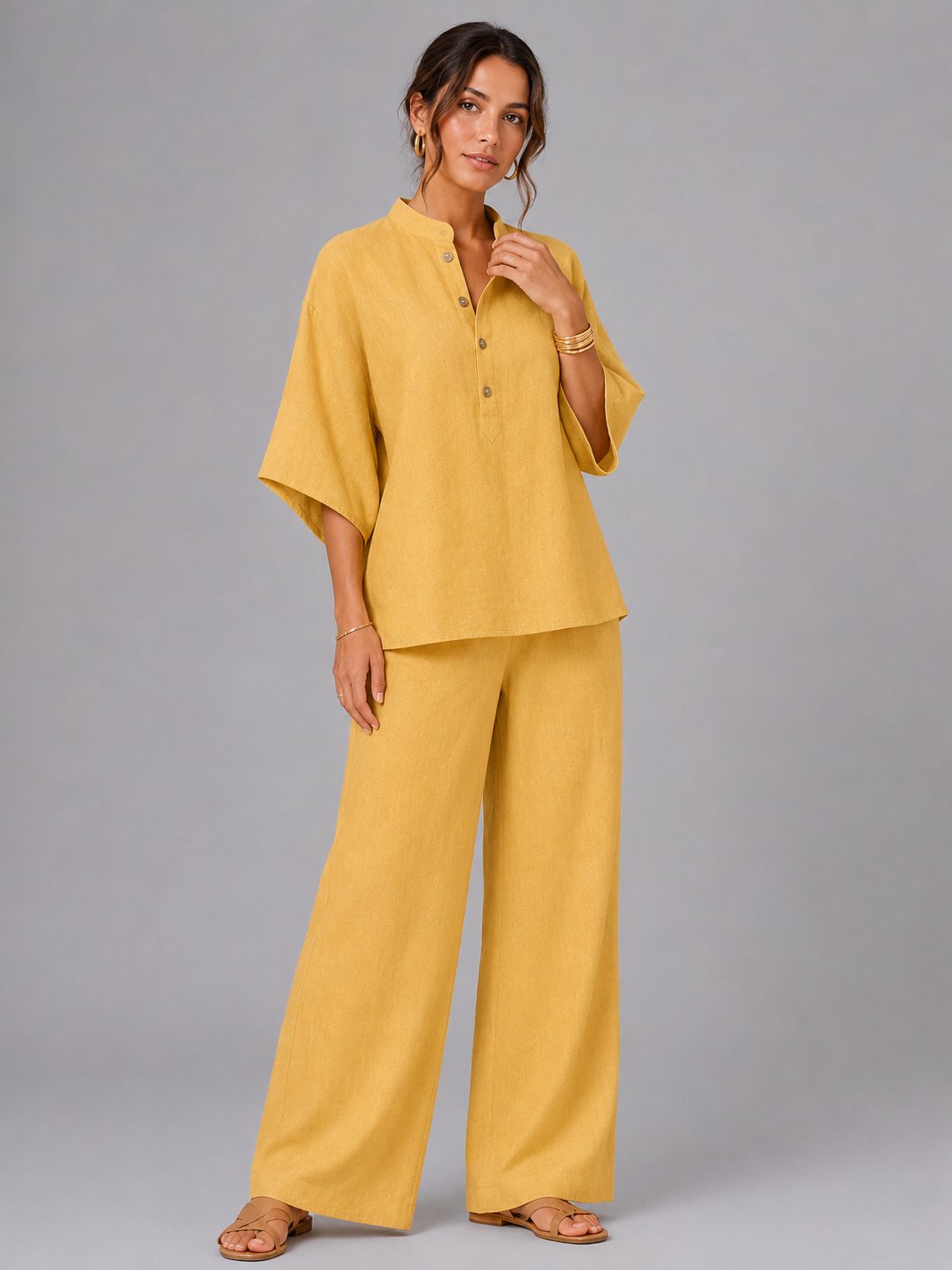 Linen Wide-Leg Two-Piece Set for Women - Yellow