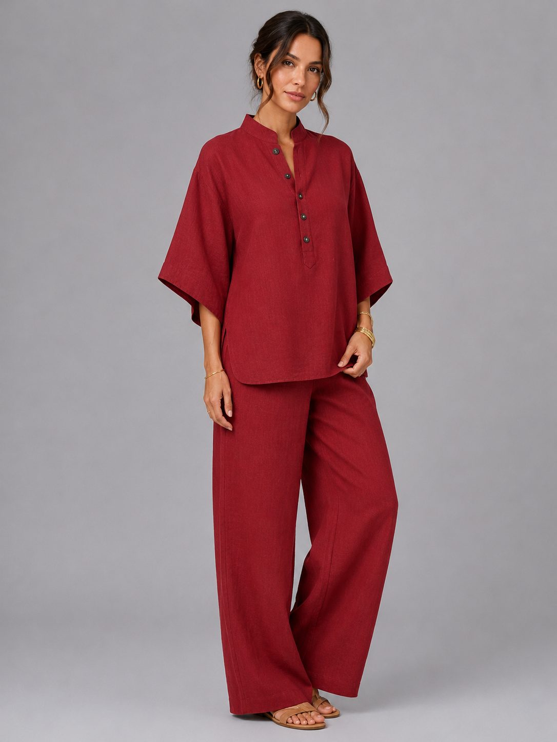 Linen Wide-Leg Two-Piece Set for Women - Red
