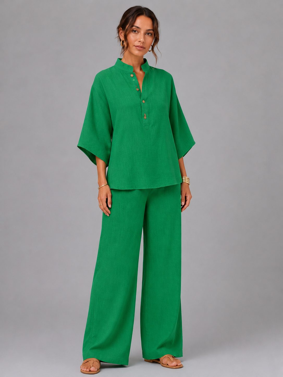 Linen Wide-Leg Two-Piece Set for Women - Green