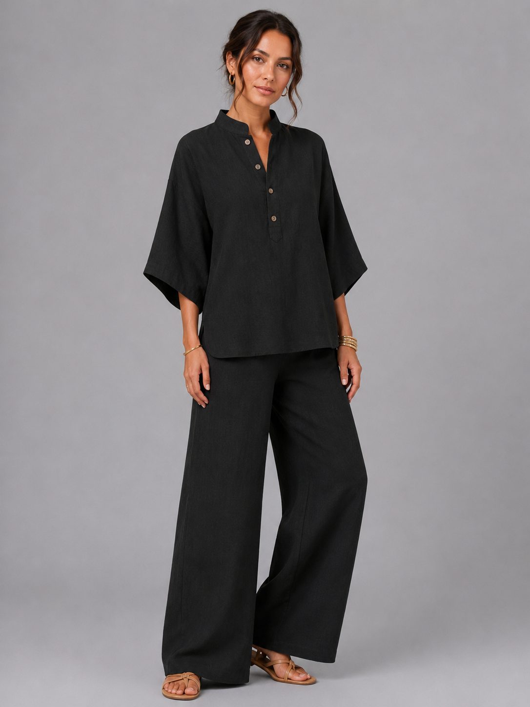 Linen Wide-Leg Two-Piece Set for Women - Black