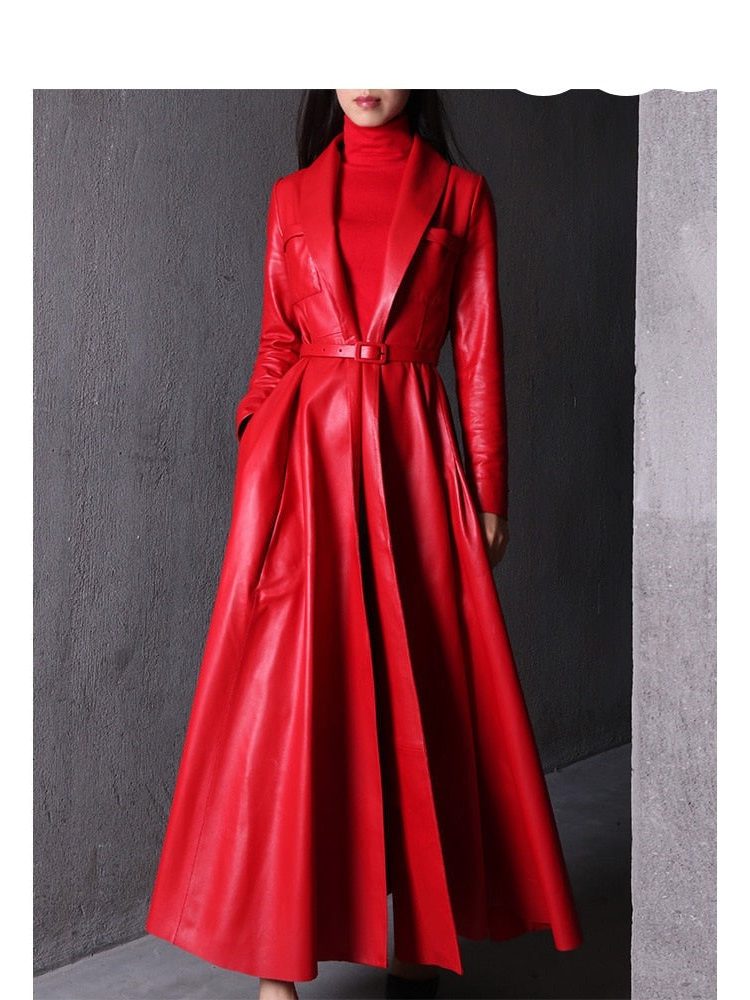 Long Double-Breasted Leather Trench Coat for Women