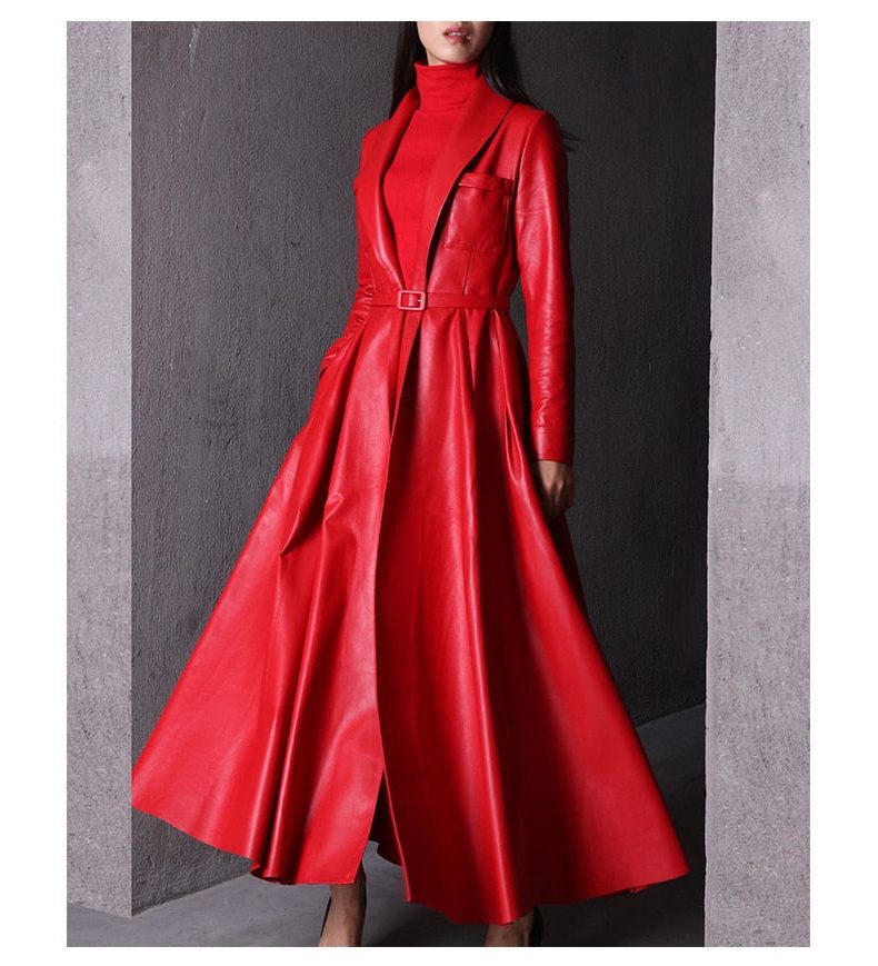 Long Double-Breasted Leather Trench Coat for Women - View 12