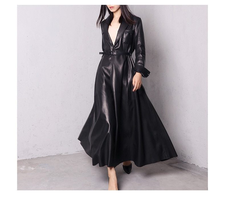 Long Double-Breasted Leather Trench Coat for Women - View 16