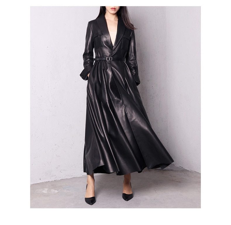Long Double-Breasted Leather Trench Coat for Women - View 17