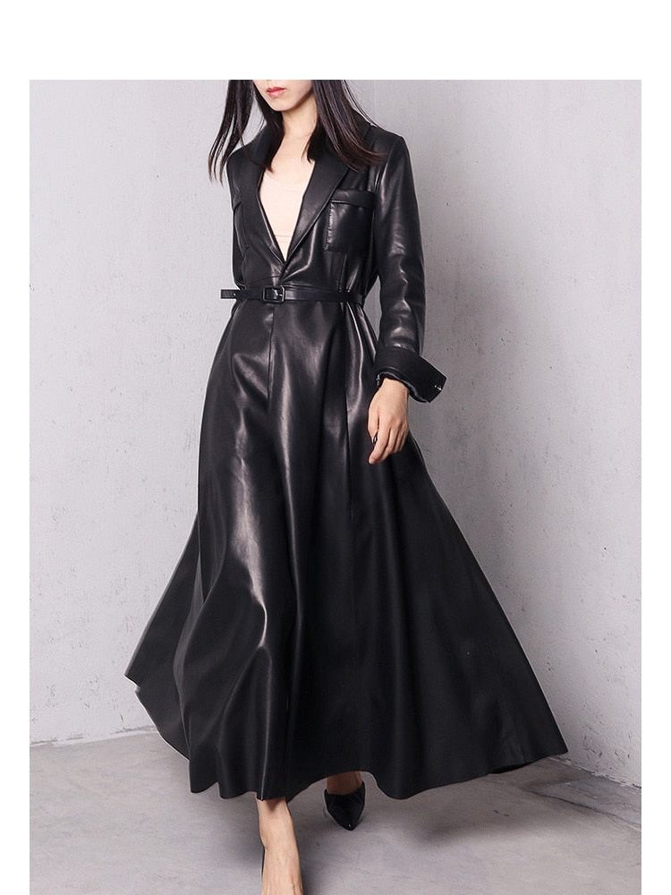 Long Double-Breasted Leather Trench Coat for Women - View 18