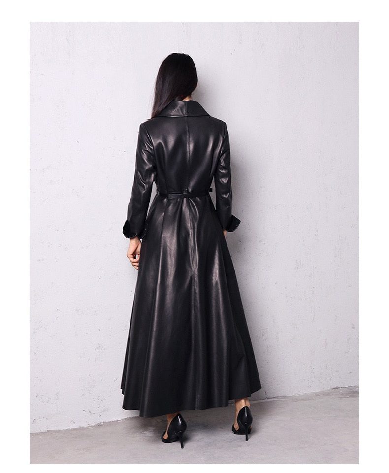 Long Double-Breasted Leather Trench Coat for Women - View 19
