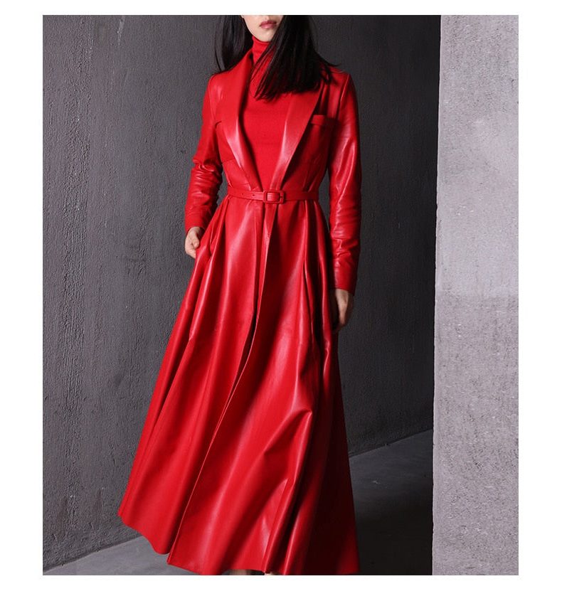 Long Double-Breasted Leather Trench Coat for Women - View 5