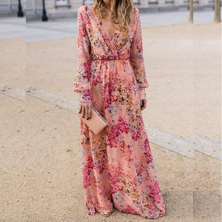 Long Sleeve Floral Wedding Guest Maxi Dress for Women - Rosa