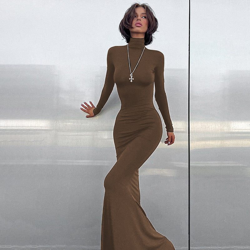 Long Sleeve Roll Neck Wedding Guest Maxi Dress for Women - Brown