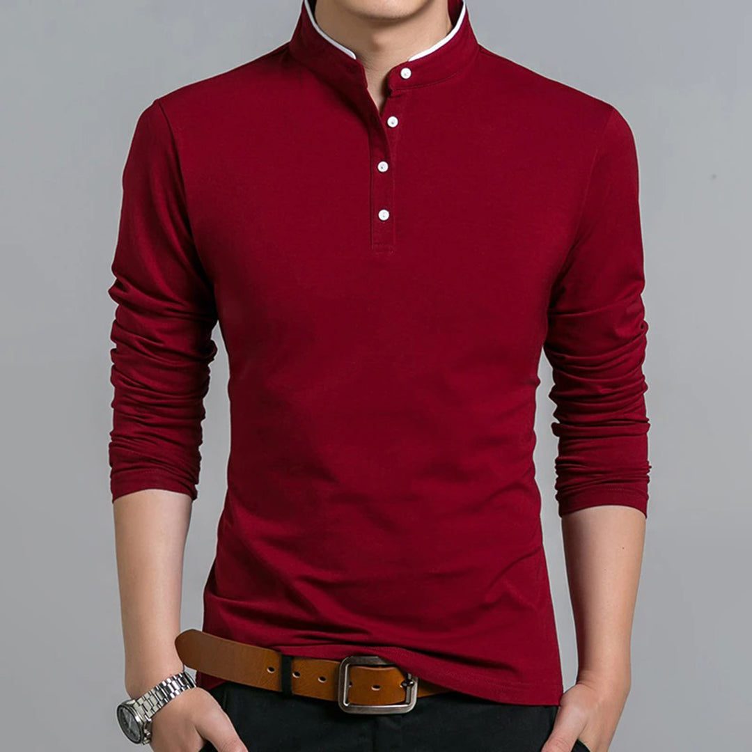 Long Sleeve Stand Collar Polo Shirt for Men - Red