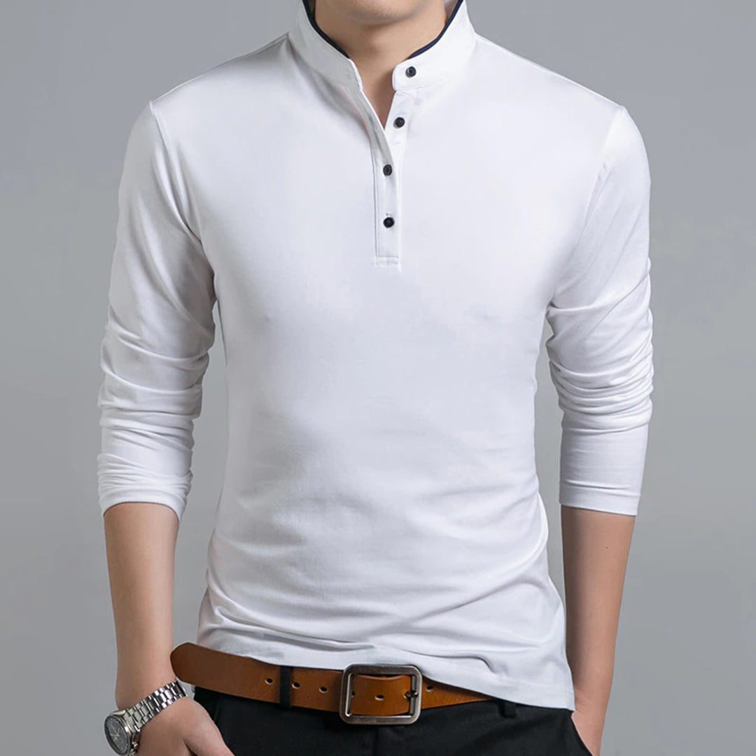 Long Sleeve Stand Collar Polo Shirt for Men - White