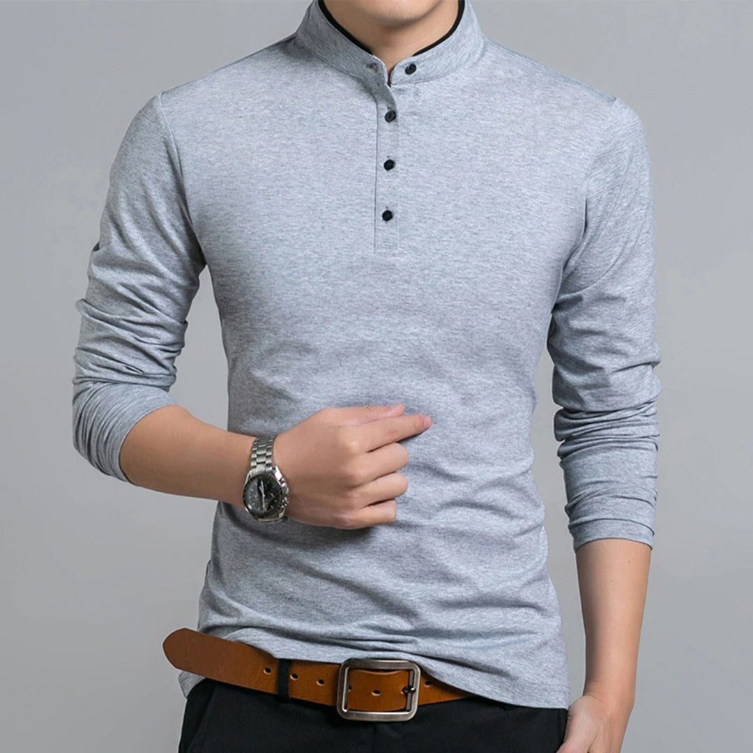 Long Sleeve Stand Collar Polo Shirt for Men - Grey