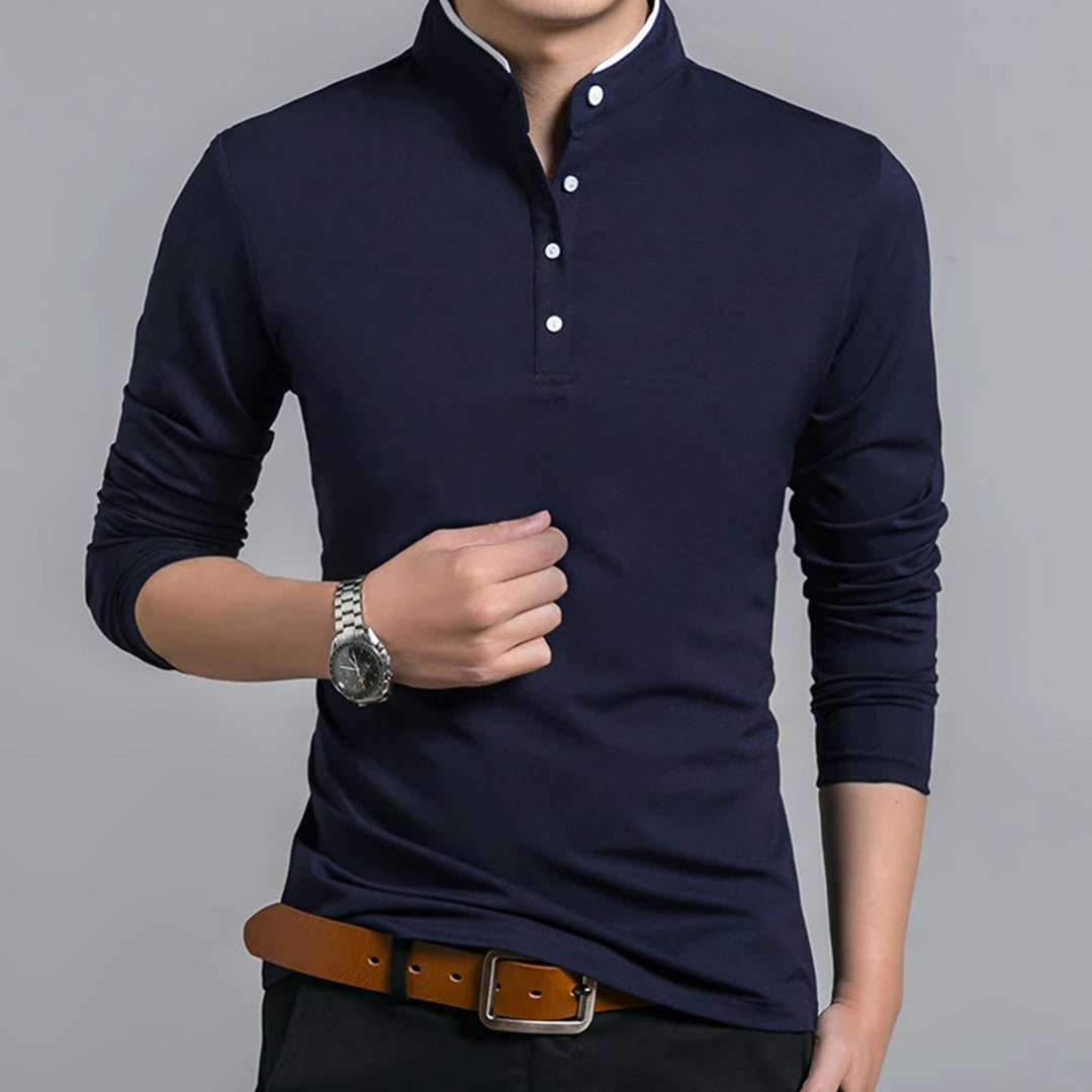 Long Sleeve Stand Collar Polo Shirt for Men - Navy Blue