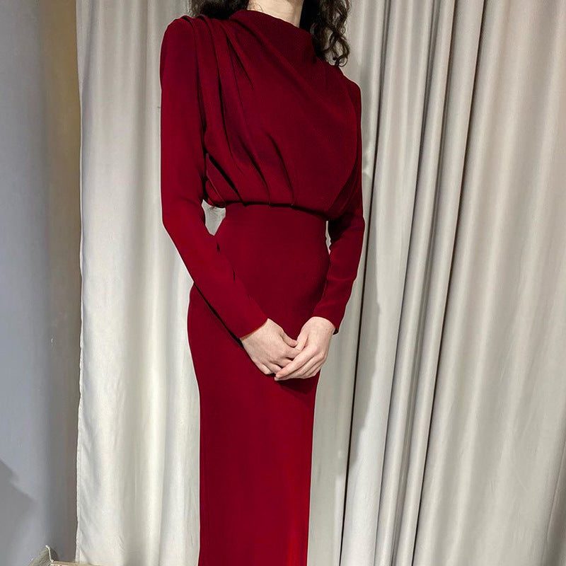 Long Sleeve Stand Collar Wedding Guest Maxi Dress for Women - Red