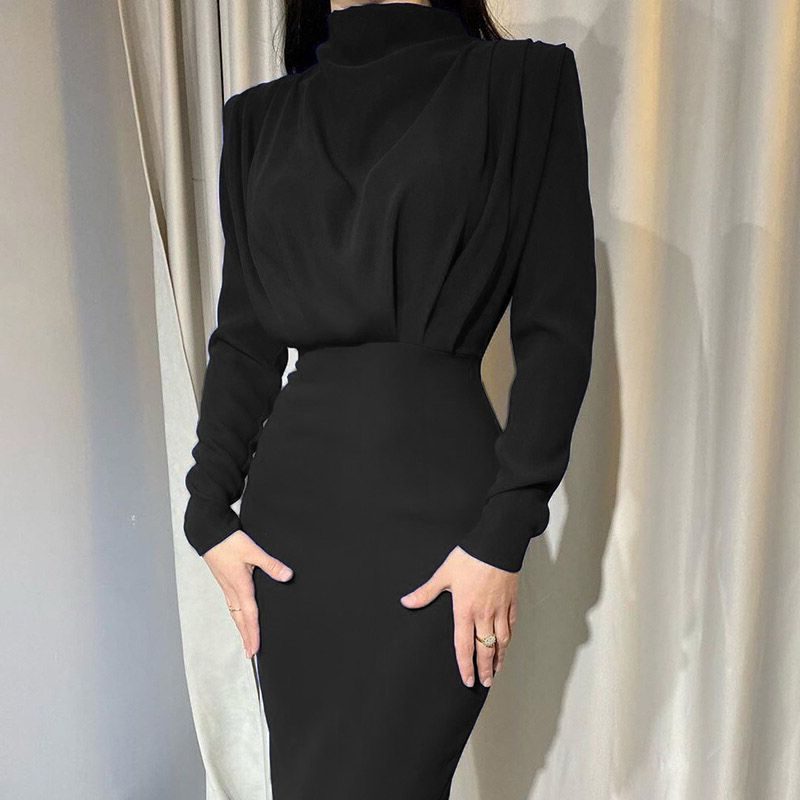 Long Sleeve Stand Collar Wedding Guest Maxi Dress for Women - Black