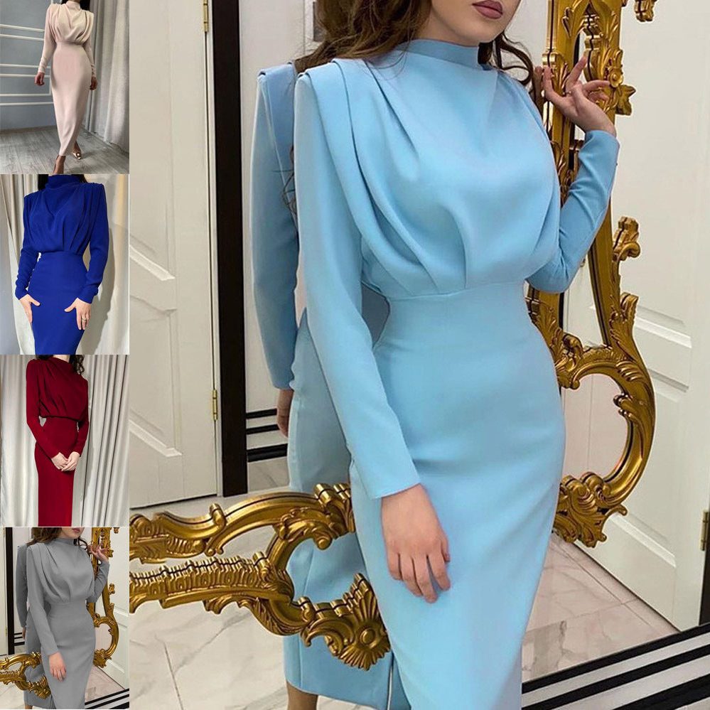 Long Sleeve Stand Collar Wedding Guest Maxi Dress for Women