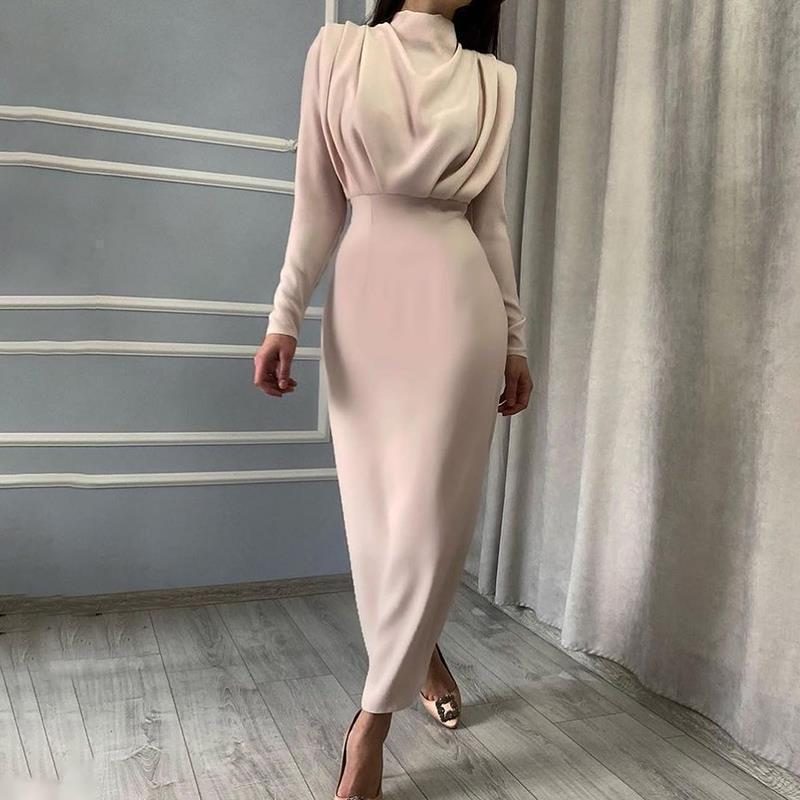 Long Sleeve Stand Collar Wedding Guest Maxi Dress for Women - Apricot
