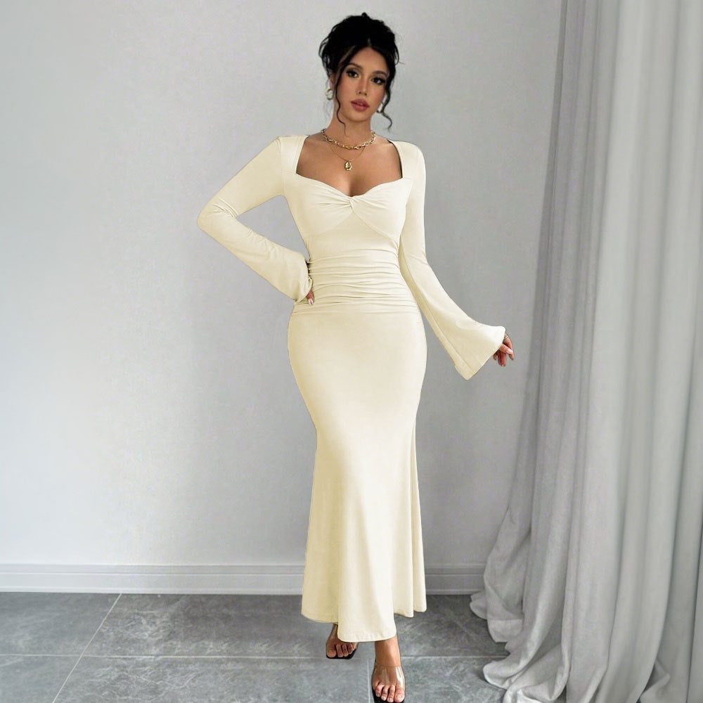 Long Sleeve V-Neck Wedding Guest Maxi Dress for Women - Apricot