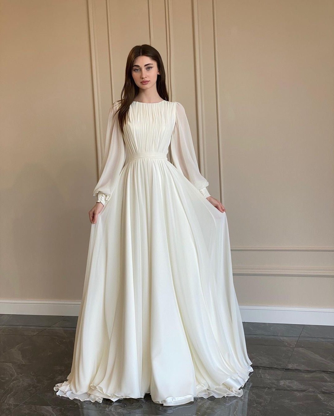 Long Sleeve Wedding Guest Maxi Dress for Women - White