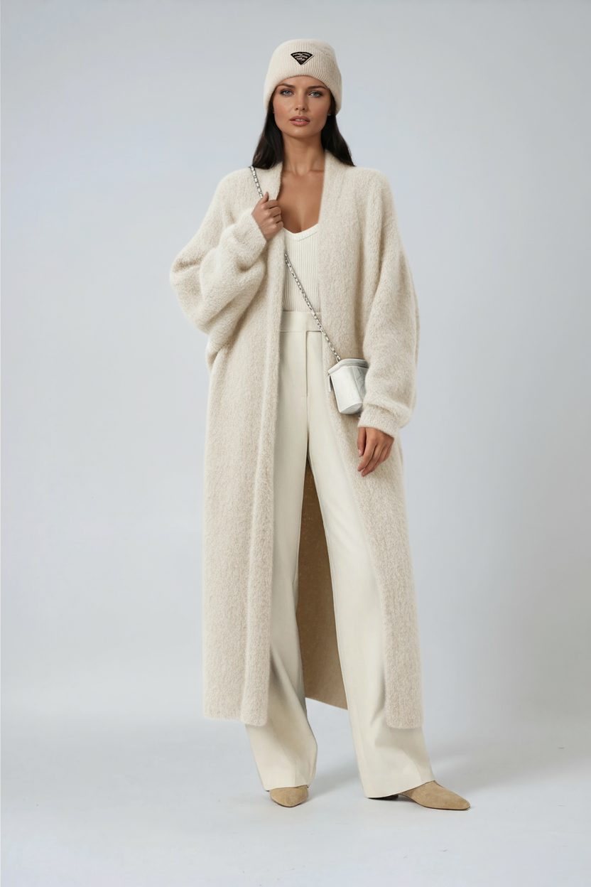 Maxi Cardigan with Open Front for Women - White
