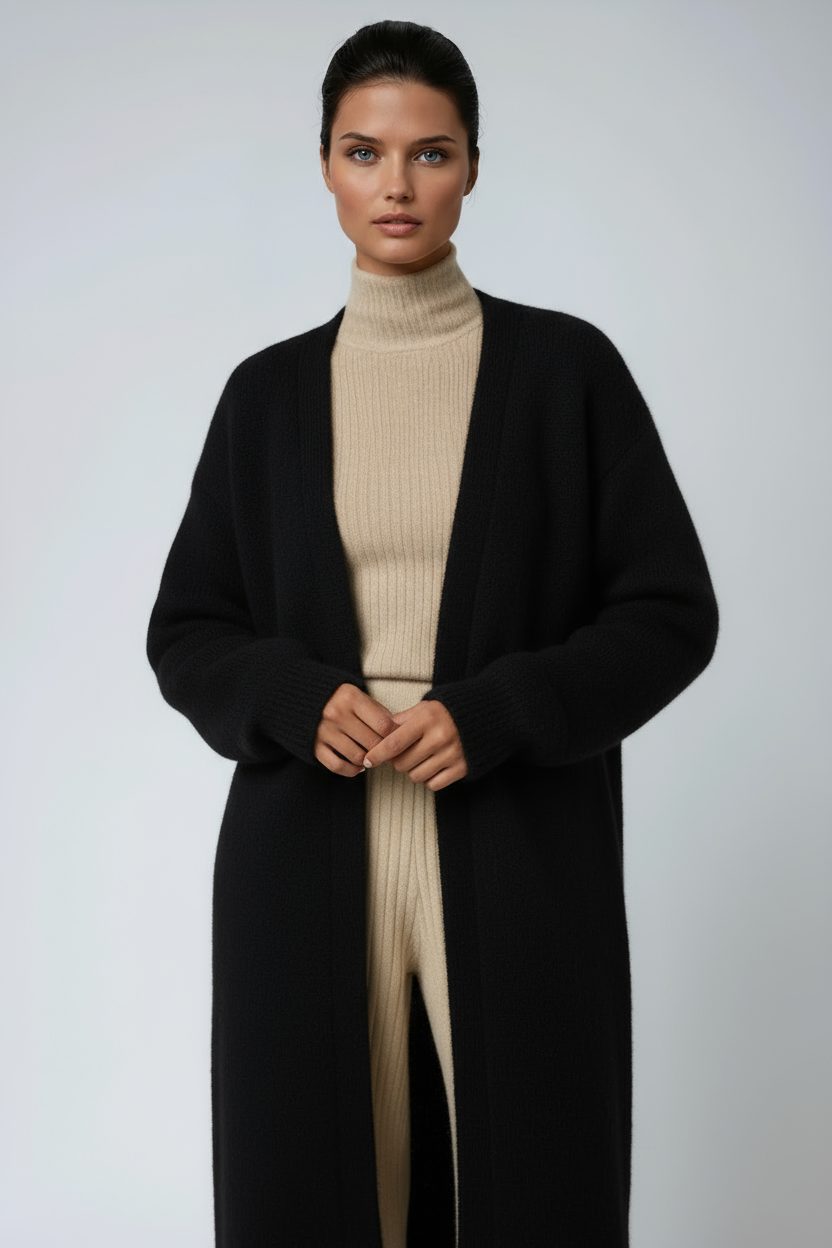 Maxi Cardigan with Open Front for Women - Black