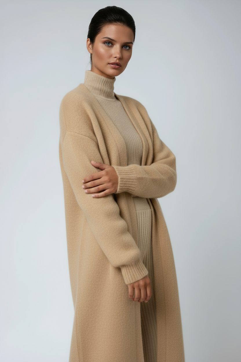 Maxi Cardigan with Open Front for Women - Khaki