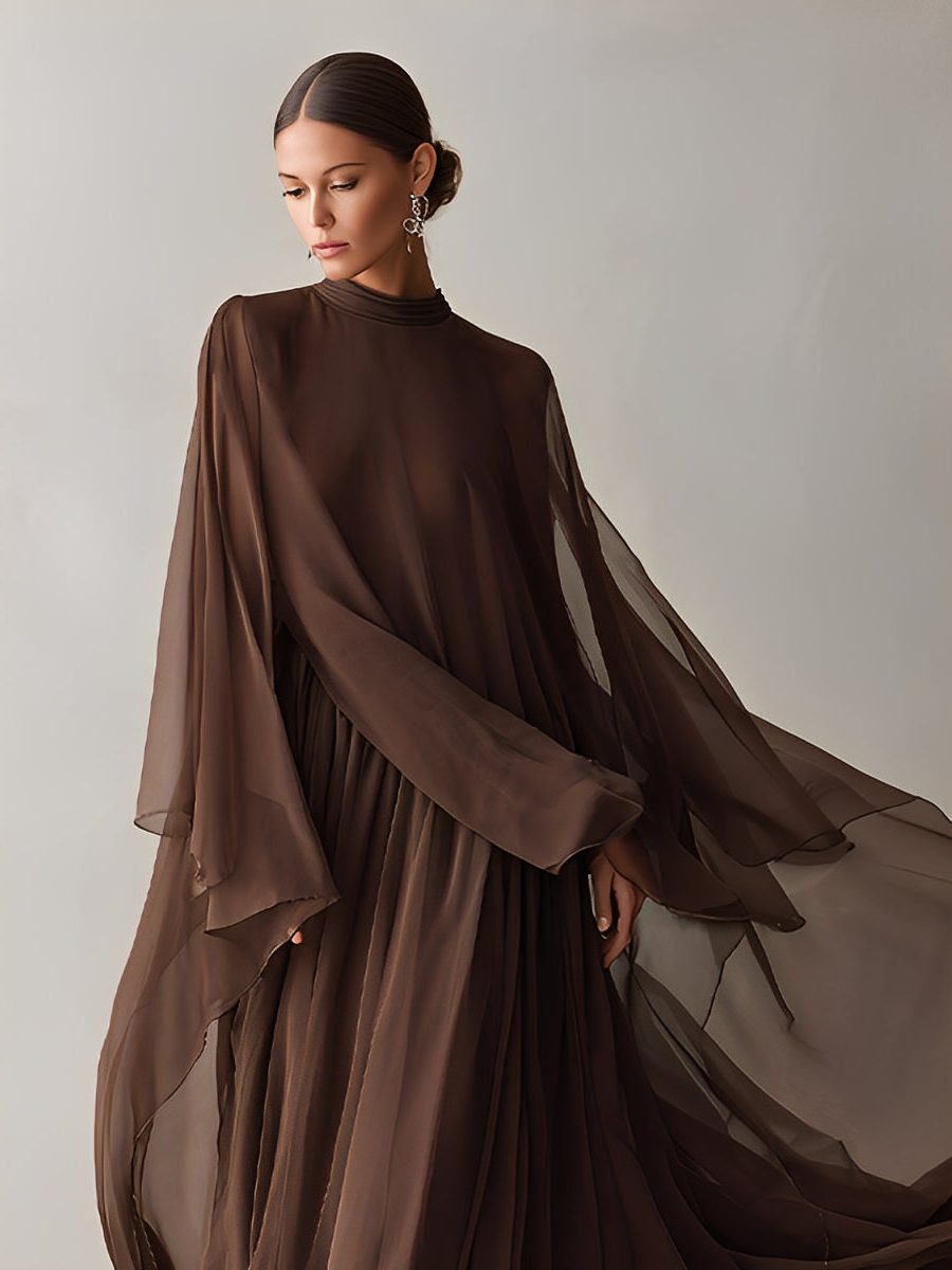 Maxi Chiffon Dress with Cape-Like Design for Women - View 2