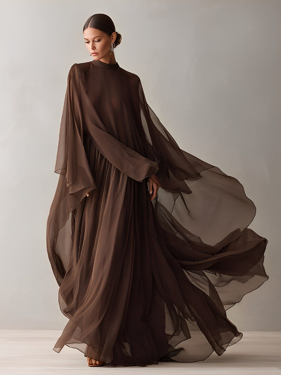 Maxi Chiffon Dress with Cape-Like Design for Women - View 4