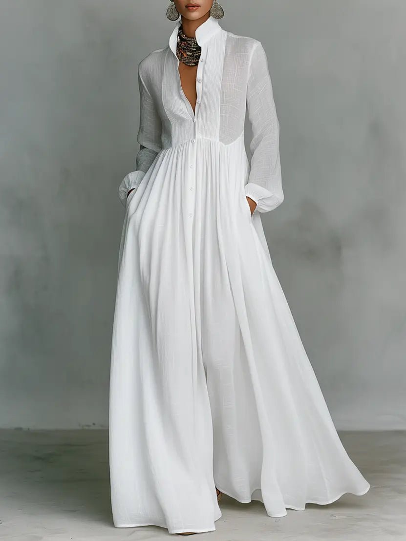 Maxi Shirt Dress with Stand Collar for Women