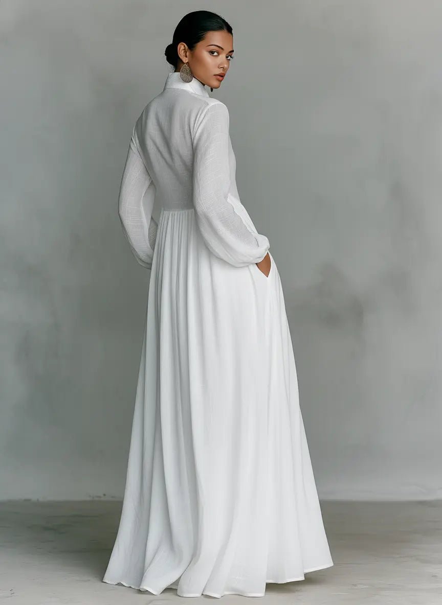 Maxi Shirt Dress with Stand Collar for Women