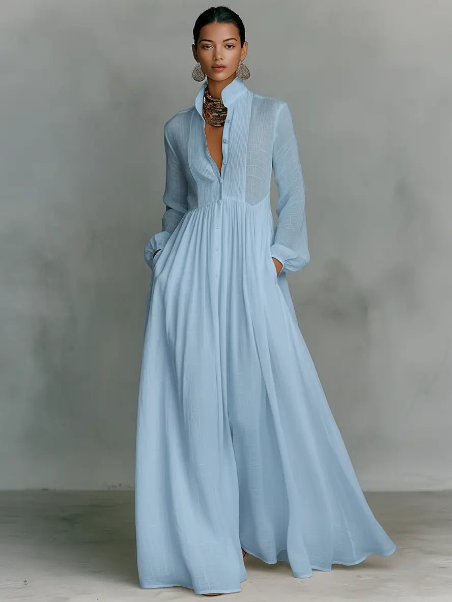 Maxi Shirt Dress with Stand Collar for Women
