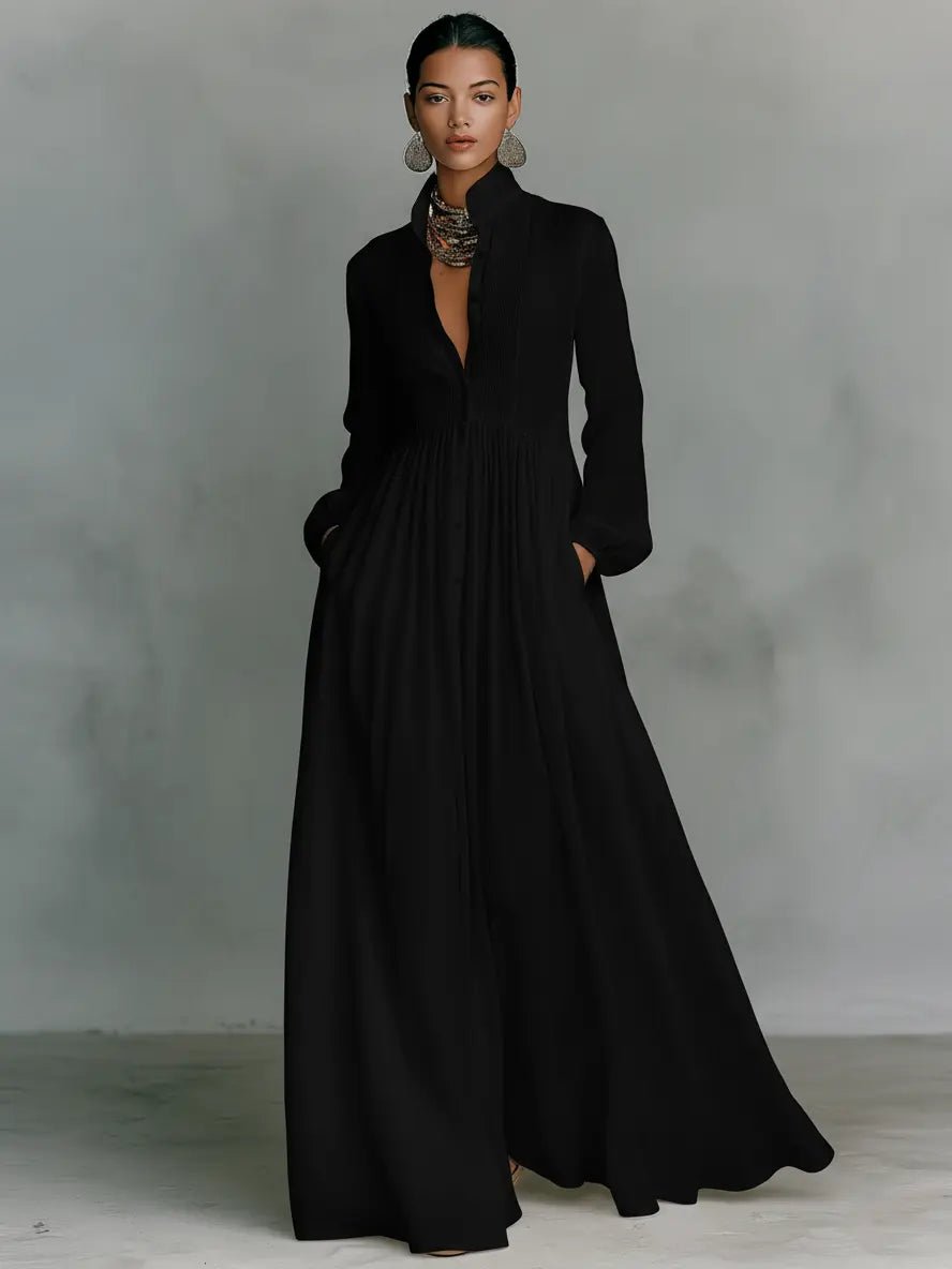 Maxi Shirt Dress with Stand Collar for Women