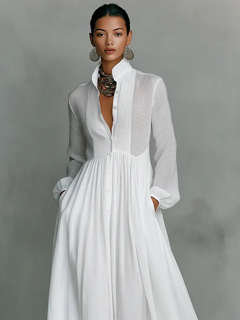 Maxi Shirt Dress with Stand Collar for Women