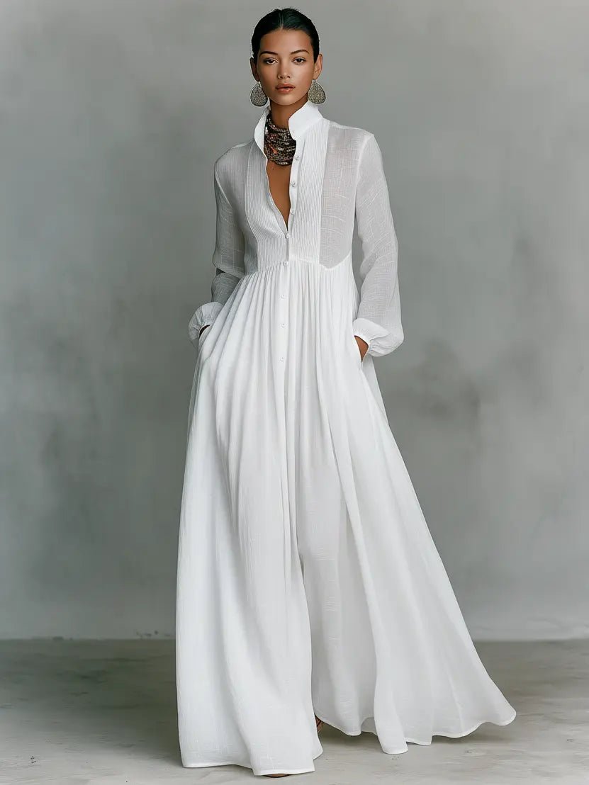 Maxi Shirt Dress with Stand Collar for Women