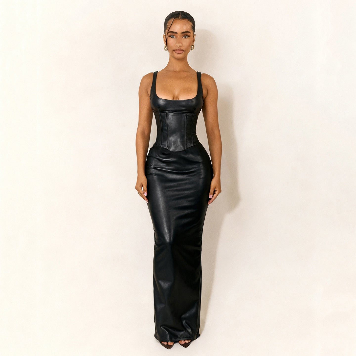 Faux Leather Maxi Dress with Corset Detail for Women - Black