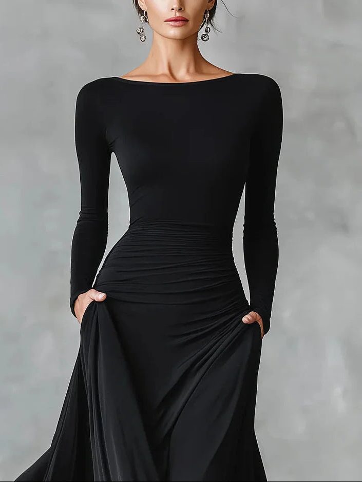 Maxi Dress with Pleated Waist and Long Sleeves for Women