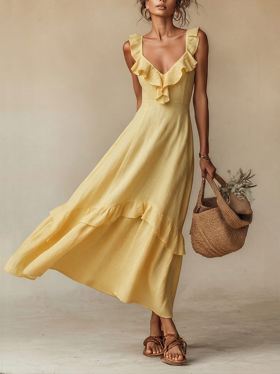 Maxi Dress with Ruffled V-Neck for Women