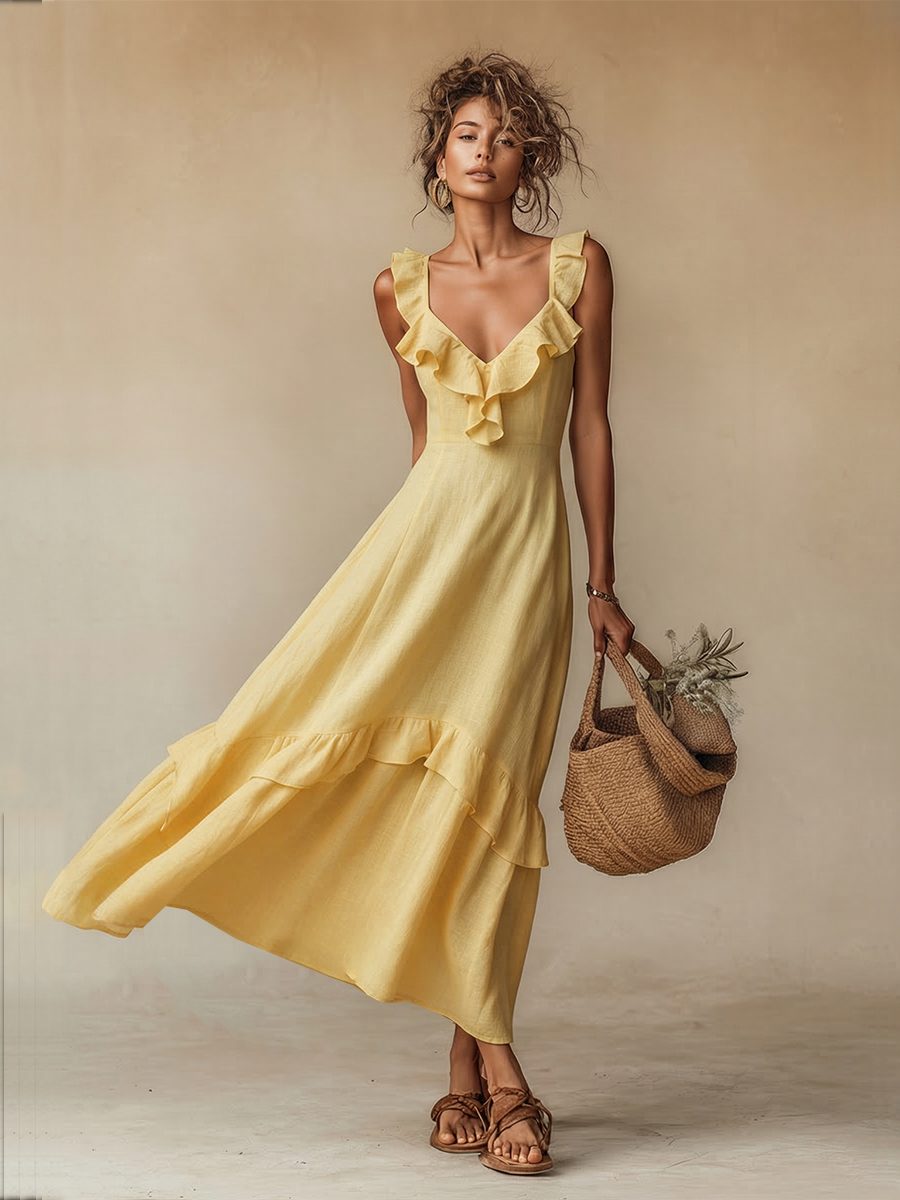 Maxi Dress with Ruffled V-Neck for Women - View 2