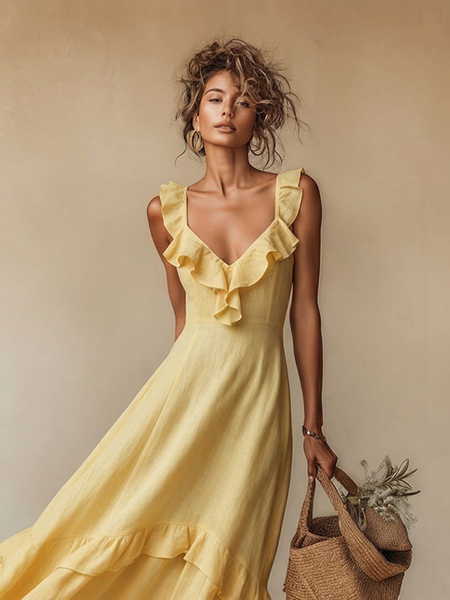 Maxi Dress with Ruffled V-Neck for Women - View 3