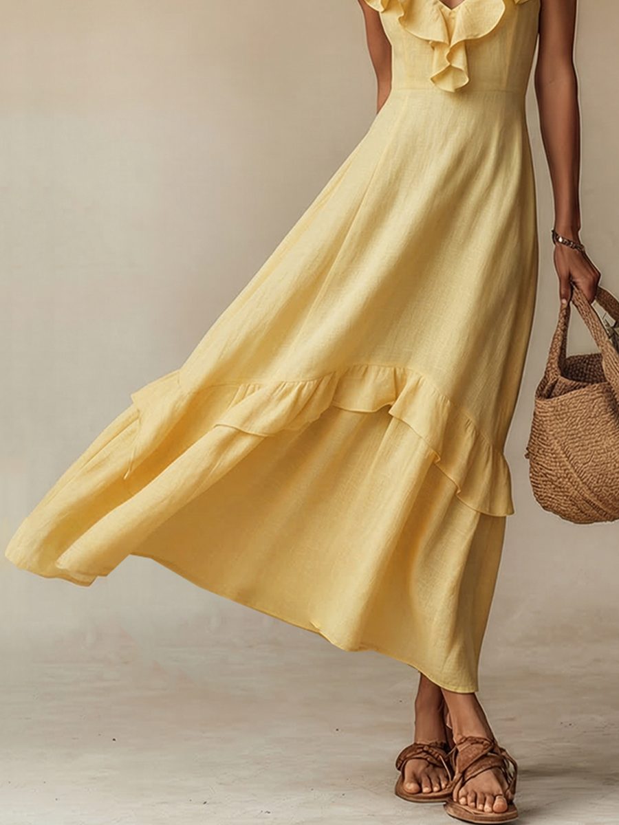 Maxi Dress with Ruffled V-Neck for Women - View 4